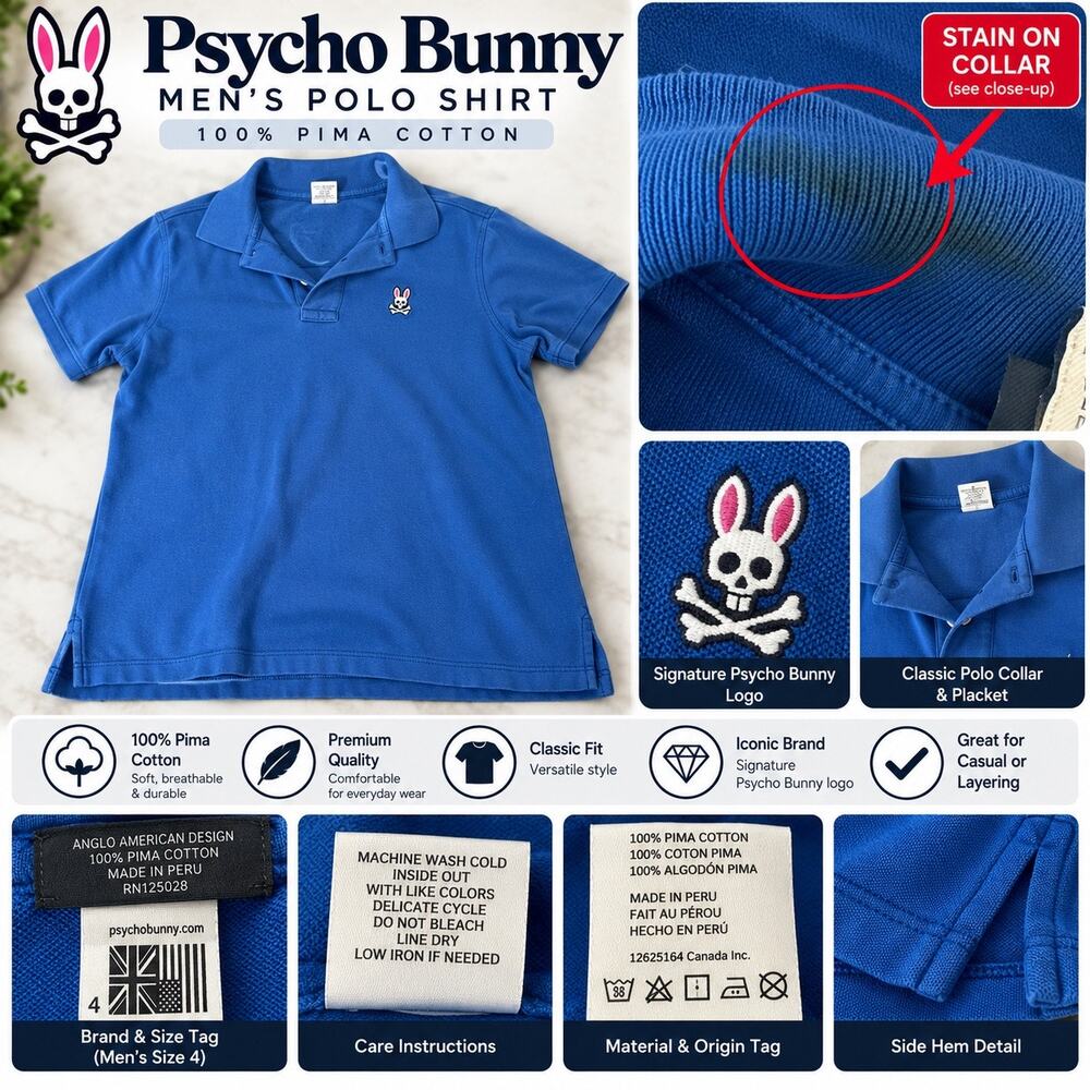 Psycho Bunny Men’s Size 4/S Blue Pima Cotton Polo Embroidered Logo
